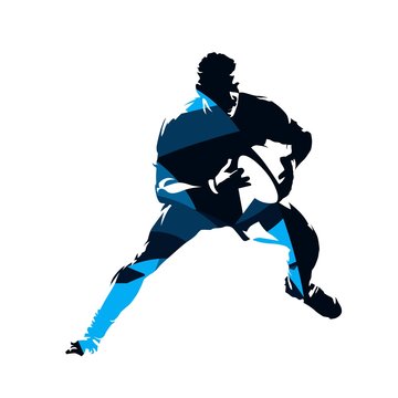 Running rugby player, abstract blue vector silhouette