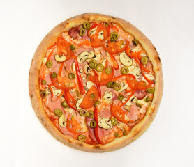 Spicy pizza with pepper bits. Pizza with bacon, tomatoes, olives