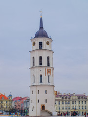 Fototapeta na wymiar Belltower of the Cathedral of St. Stanislaus of Vilnius, Lithuania, in the evening in March.