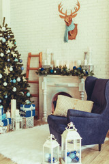 Christmas background. Interior room decorated