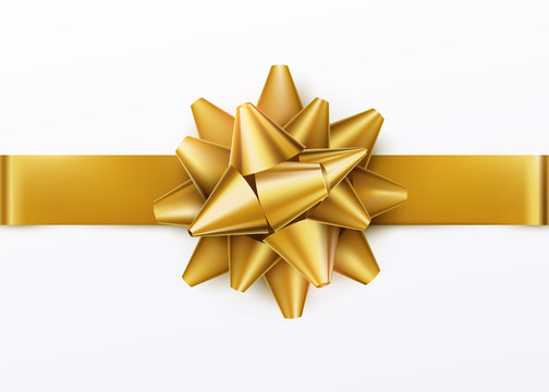 Gold gift bow with horizontal ribbon. Isolated on white background