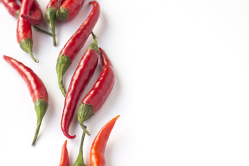 Red chile peppers on white background on the left. Top view. Horizontally.