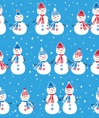 Christmas seamless pattern with cute snowmen for gift wrap, textile, wallpapers and scrapbook. Happy New Year 2018. Blue background. Doodles, sketch for your design. Vector.