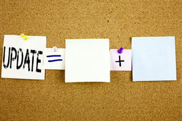 Conceptual announcement text caption inspiration showing Update Business concept for Education Text knowledge study written on Sticky Note on cork background with copy space