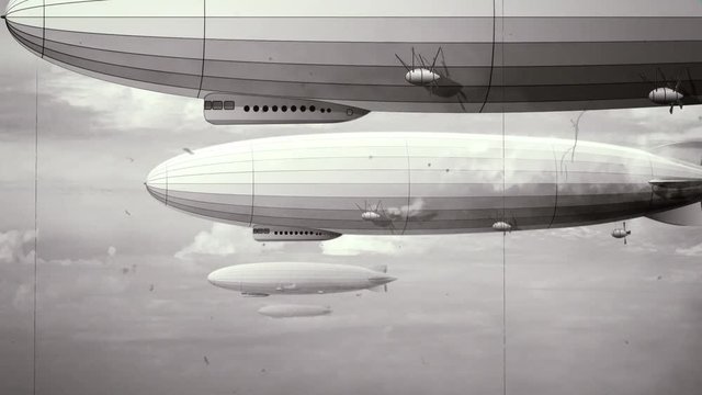 Legendary huge zeppelin airship on sky with clouds. Black and white retro stylization, old film. Flying balloon animation. Big dirigible, spinning propellers and rudder. Long zeppelin, rigid airship.