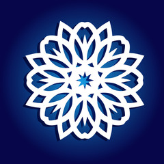 Snowflake for laser cutting. Vector silhouette on blue background. Lacy ornament.