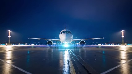 Airline civil transportation jet rolls in parking postion on airport at night - Powered by Adobe
