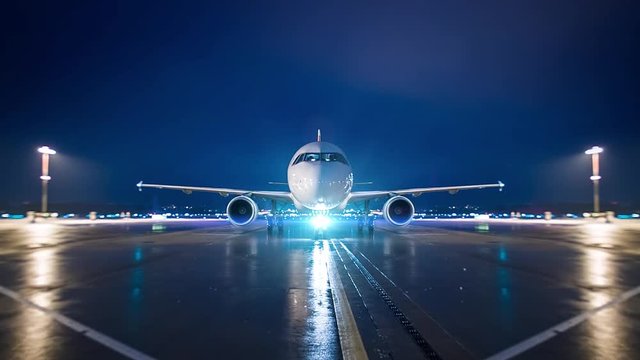 Airline civil transportation jet rolls in parking postion on airport at night
