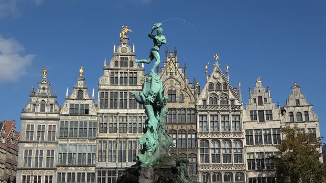 Footage of fountain in Antwerp Belgium The Bravo Fountain is located at The Grote Markt in english The Great Market Square of Antwerp and is town square situated in heart of old city quarter 4k