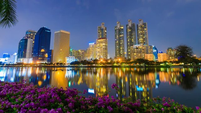4k Time-lapse of Bangkok city night view at Benjakitti Park, Bangkok, Thailand