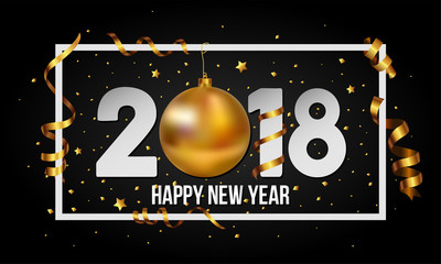 Vector 2018 Happy New Year background with golden christmas ball bauble and stripes elements