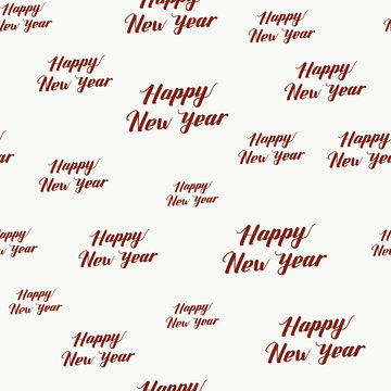 Happy New Year Seamless Hand Drawn Pattern with Lettering . Red Vector Illustration on White Background. Handwritten Inscription Backdrop for NY, Christmas Holiday Design, Sale, Banner, Invitation.