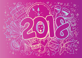 Hand drawn doodle Number 2018, for greeting card, poster, banner, with festive ornaments, present boxes, popping champagne, text. trumpet, clock.
