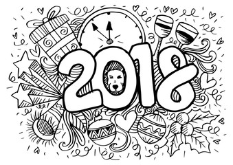 Hand drawn doodle Number 2018, for greeting card, poster, banner, with festive ornaments, present boxes, popping champagne, text. trumpet, clock.