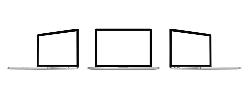 Three laptop with blank screen on white background - stock vector.