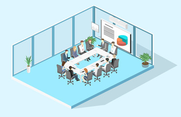 Business meeting in an office Business presentation meeting Isometric interior