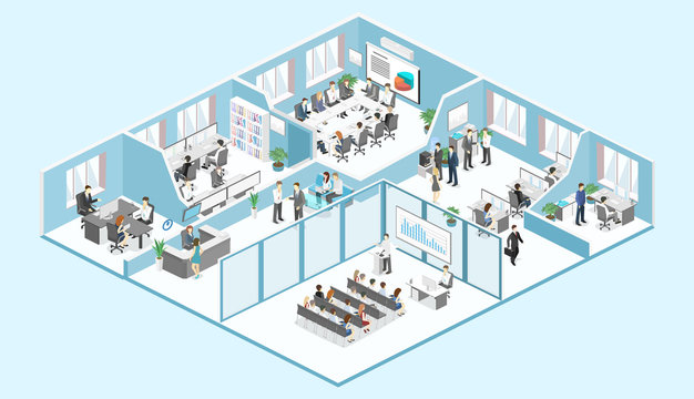 Isometric interior departments concept vector. conference hall, offices, workplaces