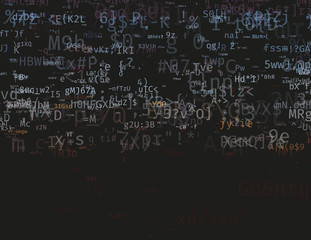 Modern vector illustration with array of symbols. Abstract ascii glitch background. Flow of encrypted data. Brute force hacking of a private network. Random signal error. Element of design.