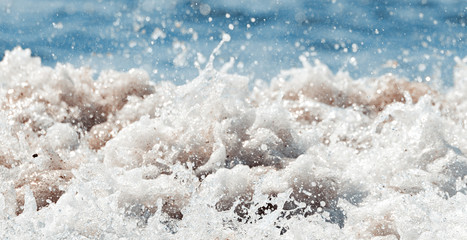 Big wave on the sea  with a lot of foam. fake color. Copy space. Concept of travel. Instagram warm filter.