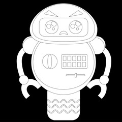 A cute robot, on wheels, with claws, big beautiful eyes. On the robot body there are buttons, wires, antennas. Creative vector robot background. Funny wallpaper. Monochrome color, black and white
