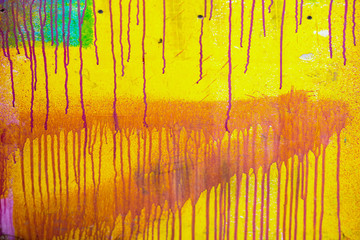 Close-up of abstract dirty painted wooden surface, flowing paint of different bright colors, as graffiti. Colorful grunge texture of wall. Abstract modern background, © svetlanais