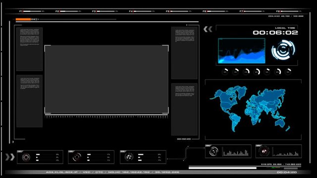 4K Animation UI User Interface with world map data HUD pi bar text box table and element on dark abstract background for futuristic technology concept