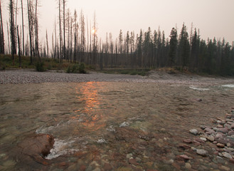 Sunset over the South Fork of the Flathead River at Meadow Creek Gorge in the Bob Marshall...