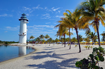 View of a tropical beach with palm trees and a zip line tower resembling a lighthouse on an island leased by a cruise ship line off the coast of Belize