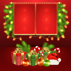 Christmas tree, gift boxes, ball, candy, garland