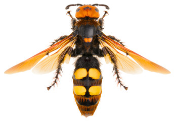 The mammoth wasp Megascolia maculata a very large wasp isolated on white background, dorsal view of Megascolia