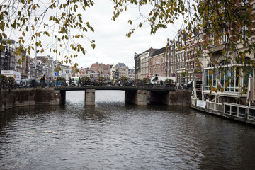 Naklejka premium Amsterdam Holland Netherlands houses, blooming flowers, and bicycles near famous UNESCO world heritage canals Singel with typical dutch houseboats