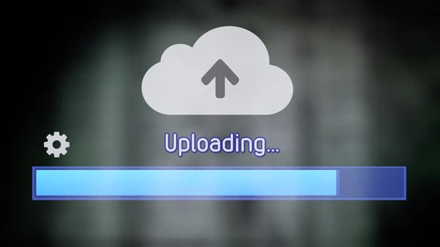 Uploading a file or resource to the cloud. Black source code scrolling background.
