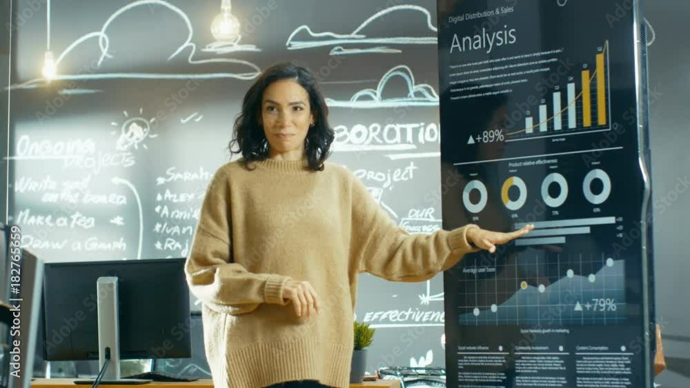 Aufkleber female project manager holds meeting shows statistical graphs and charts on the interactive whiteboa