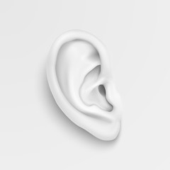 Vector black and white background with realistic human ear closeup. Design template of body part, human organ for web, app, posters, infographics etc - obrazy, fototapety, plakaty