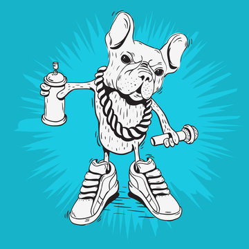 French Bulldog Rap Star With Hip Hop Essentials Like A Graffiti Paint Spray Can Balloon, Precious Metal Chain, Microphone And Sneakers. Sketchy Doodle Line Art