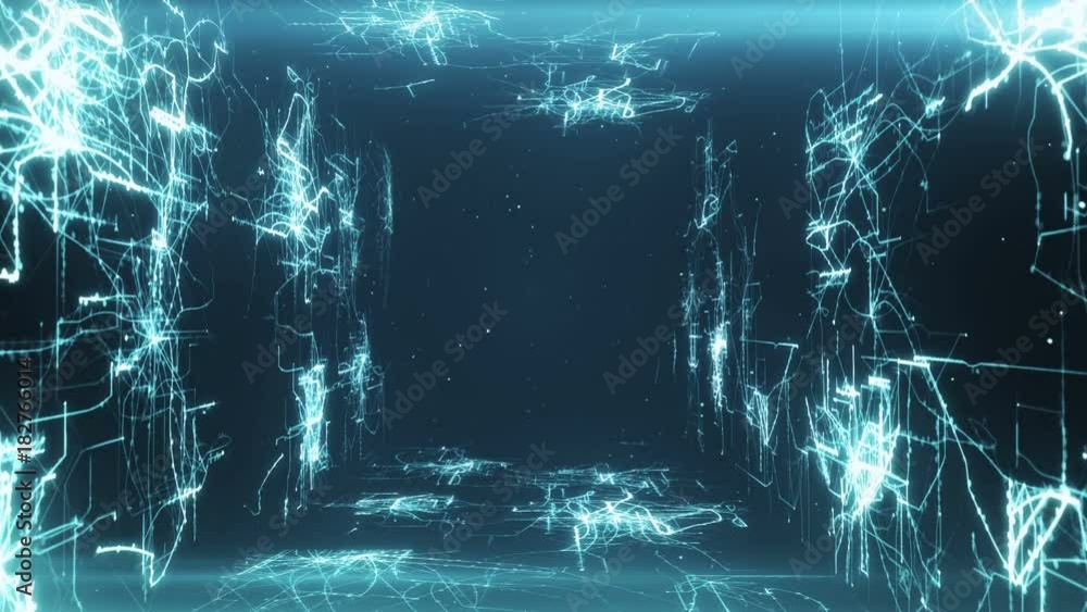 Poster flying in an abstract tunnel from the lines and points forming a drawing of circuits