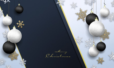 Merry Christmas - background with gold glitter nad snow snowflakes with baubles ( xmas , holiday )