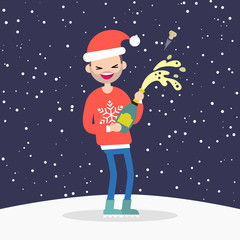 Young character opening a bottle of sparkling wine or champagne. Celebrating the New Year. Winter holidays. Flat editable vector illustration, clip art