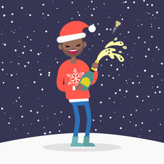 Young character opening a bottle of sparkling wine or champagne. Celebrating the New Year. Winter holidays. Flat editable vector illustration, clip art