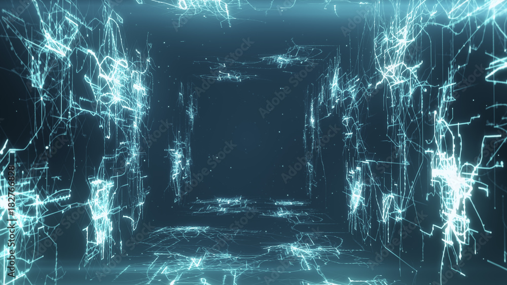 Poster flying in an abstract tunnel from the lines and points forming a drawing of circuits 3d illustration