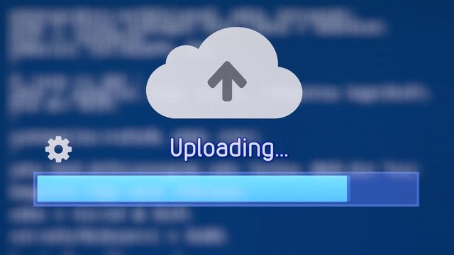 Uploading a file or resource to the cloud. Blue source code scrolling background.

