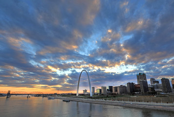 St. Louis, Missouri Skyline and the Gateway Arch from Eads Bridge.