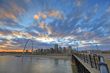 St. Louis, Missouri Skyline and the Gateway Arch from Eads Bridge.