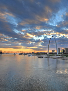 St. Louis, Missouri Skyline and the Gateway Arch from Eads Bridge.