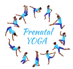 Yoga class banner with pregnant african woman doing physical fitness exercise, isometric 3d vector illustration with sport training, relaxation and meditation poses collection