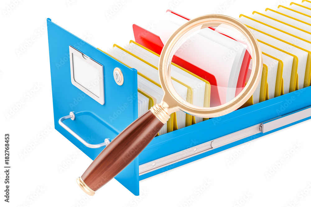 Poster file search concept. folders with magnifying glass, 3d rendering