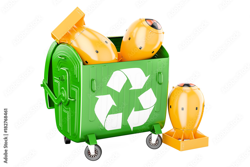 Poster garbage container with nuclear bombs. recycling and disposal concept, 3d rendering
