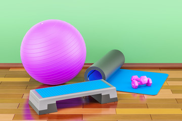 Fitness and sports equipment concept. Aerobic step board, yoga mat, dumbbells and fitball 3D rendering