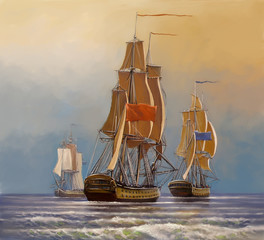 Sea  oil paintings landscape, ships. Fine art