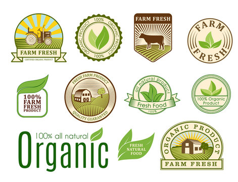Organic vegan vector logo labels healthy food eco restaurant logo badges nature diet product illustration